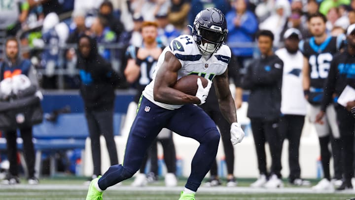 Sep 24, 2023; Seattle, Washington, USA; Seattle Seahawks wide receiver DK Metcalf (14) runs for