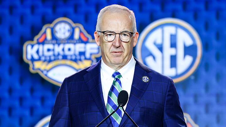 Jul 20, 2026; Tampa, FL, USA; SEC Commissioner Greg Sankey speaks to the press during SEC Football Kickoff Media Day at the Tampa Marriott. Mandatory Credit: Nathan Ray Seebeck-Imagn Images Jul 20, 2026; Tampa, FL, USA; SEC Commissioner Greg Sankey speaks to the press during SEC Football Kickoff Media Day at the Tampa Marriott. Mandatory Credit: Nathan Ray Seebeck-Imagn Images