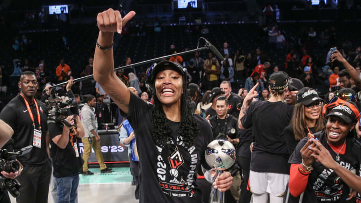 Las Vegas Aces forward A'ja Wilson (22) celebrates after winning the 2023 WNBA Finals at Barclays Center. Las Vegas Aces forward A'ja Wilson (22) celebrates after winning the 2023 WNBA Finals at Barclays Center.