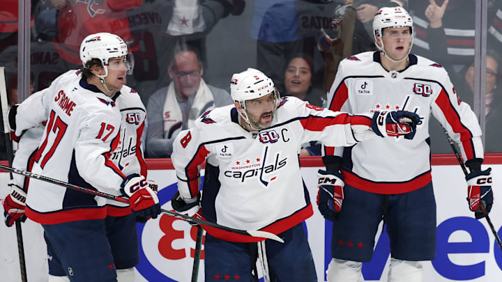 Mar 25, 2025; Winnipeg, Manitoba, CAN; Washington Capitals left wing Alex Ovechkin (8) celebrates his goal against the Winnipeg Jets in the third period at Canada Life Centre. Mandatory Credit: James Carey Lauder-Imagn Images