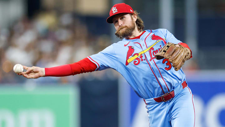 Aug 2, 2025; San Diego, California, USA; St. Louis Cardinals second baseman Brendan Donovan (33) makes a throw to first base for an out during the third inning against the San Diego Padres at Petco Park. Mandatory Credit: David Frerker-Imagn Images