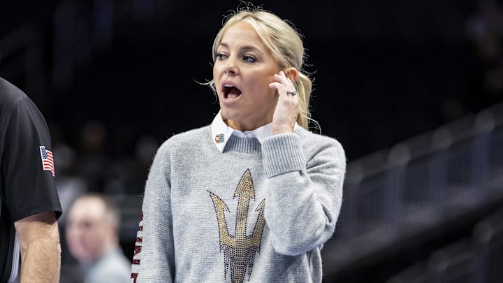Mar 6, 2026; Kansas City, MO, USA; Arizona State head coach Molly Miller reacts to a play against West Virginia during the first half at T-Mobile Center. Mandatory Credit: Nick Tre. Smith-Imagn Images