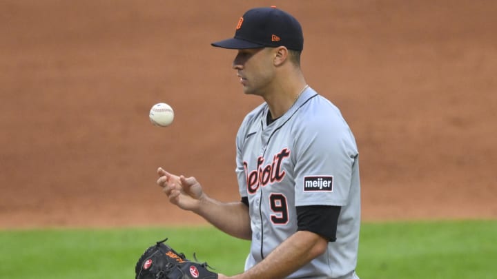 May 6, 2024; Cleveland, Ohio, USA; Detroit Tigers starting pitcher Jack Flaherty (9) reacts after giving up a home run in the sixth inning against the Cleveland Guardians at Progressive Field May 6, 2024; Cleveland, Ohio, USA; Detroit Tigers starting pitcher Jack Flaherty (9) reacts after giving up a home run in the sixth inning against the Cleveland Guardians at Progressive Field