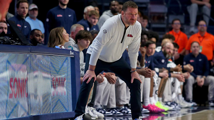 Feb 11, 2026; Oxford, Mississippi, USA; Mississippi Rebels head coach Chris Beard looks on during the first half against the Alabama Crimson Tide at The Sandy and John Black Pavilion at Ole Miss. Mandatory Credit: Petre Thomas-Imagn Images