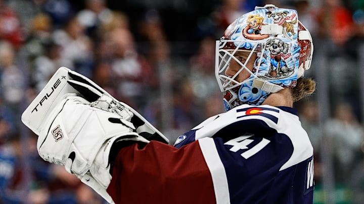 Mar 16, 2025; Denver, Colorado, USA; Colorado Avalanche goaltender Scott Wedgewood (41) in the first period against the Dallas Stars at Ball Arena. Mandatory Credit: Isaiah J. Downing-Imagn Images