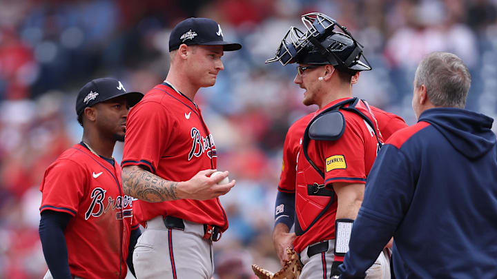 Atlanta Braves pitcher Smith-Shawver talks with catcher Sean Murphy before leaving the game during the third inning against the Philadelphia Phillies at Citizens Bank Park. Atlanta Braves pitcher Smith-Shawver talks with catcher Sean Murphy before leaving the game during the third inning against the Philadelphia Phillies at Citizens Bank Park.