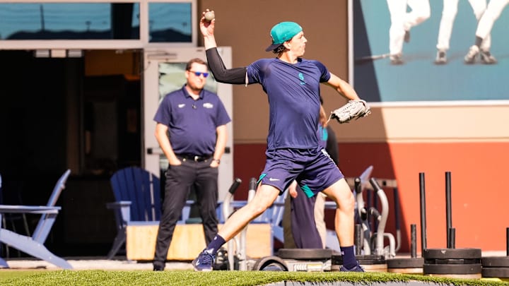 Feb 12, 2026; Phoenix, AZ, USA; Seattle Mariners pitcher Logan Gilbert (36) at Seattle Mariners workouts in Peoria, Arizona. Mandatory Credit: Arianna Grainey-Imagn Images
