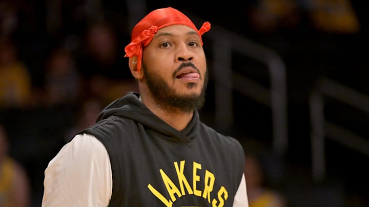 Apr 8, 2022; Los Angeles, California, USA; Los Angeles Lakers forward Carmelo Anthony (7) warms up before the game against the Oklahoma City Thunder at Crypto.com Arena. Mandatory Credit: Jayne Kamin-Oncea-Imagn Images
