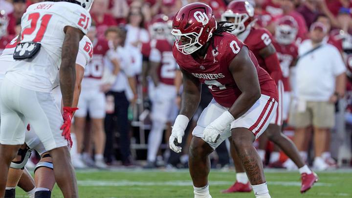 Oklahoma Sooners defensive lineman David Stone (0) lines up during a college football game between the University of Oklahoma Sooners (OU) and the New Mexico Lobos at Gaylord Family-Oklahoma Memorial Stadium in Norman, Okla., Saturday, Sept. 19, 2026. Oklahoma won 14-6. Oklahoma Sooners defensive lineman David Stone (0) lines up during a college football game between the University of Oklahoma Sooners (OU) and the New Mexico Lobos at Gaylord Family-Oklahoma Memorial Stadium in Norman, Okla., Saturday, Sept. 19, 2026. Oklahoma won 14-6.
