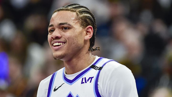 Jan 22, 2026; Salt Lake City, Utah, USA; Utah Jazz guard Keyonte George (3) reacts to a call during the first half against the San Antonio Spurs at Delta Center. Mandatory Credit: Peter Creveling-Imagn Images Jan 22, 2026; Salt Lake City, Utah, USA; Utah Jazz guard Keyonte George (3) reacts to a call during the first half against the San Antonio Spurs at Delta Center. Mandatory Credit: Peter Creveling-Imagn Images