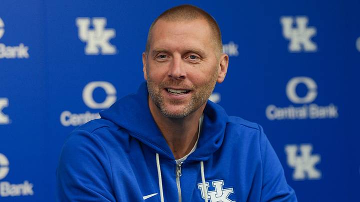Kentucky basketball head coach Mark Pope gives an update on the upcoming 2026-27 season during a press conference in Lexington, Kentucky July 24, 2026.