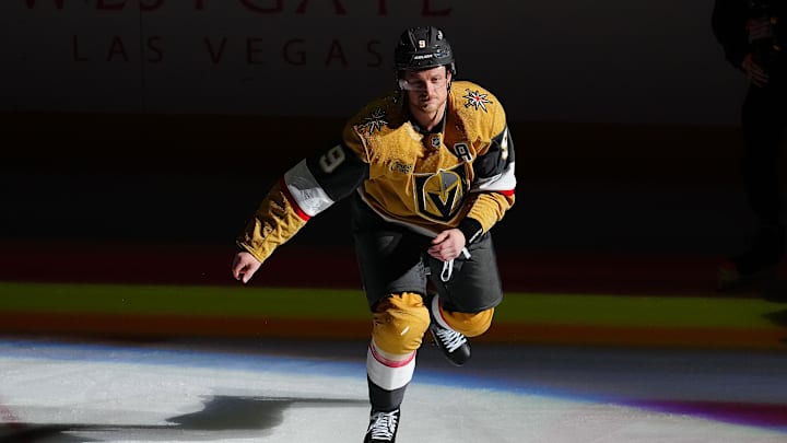 Oct 18, 2025; Las Vegas, Nevada, USA; Vegas Golden Knights center Jack Eichel (9) was named Third Star of the Game after the Golden Knights defeated the Calgary Flames 6-1 at T-Mobile Arena. Mandatory Credit: Stephen R. Sylvanie-Imagn Images