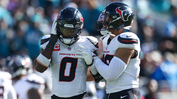 Dec 1, 2024; Jacksonville, Florida, USA; Houston Texans linebacker Azeez Al-Shaair (0) reacts after being ejected against the Jacksonville Jaguars in the second quarter at EverBank Stadium. Mandatory Credit: Nathan Ray Seebeck-Imagn Images Dec 1, 2024; Jacksonville, Florida, USA; Houston Texans linebacker Azeez Al-Shaair (0) reacts after being ejected against the Jacksonville Jaguars in the second quarter at EverBank Stadium. Mandatory Credit: Nathan Ray Seebeck-Imagn Images