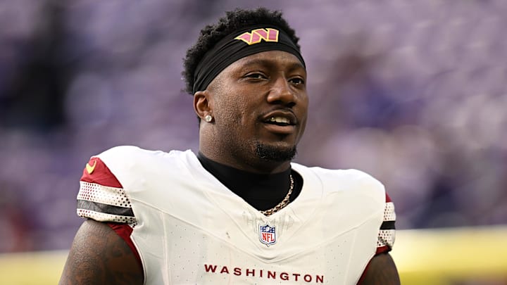 Dec 7, 2025; Minneapolis, Minnesota, USA; Washington Commanders wide receiver Deebo Samuel Sr. (1) practices before the game at U.S. Bank Stadium. Mandatory Credit: Jeffrey Becker-Imagn Images