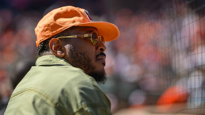 Sep 8, 2024; Baltimore, Maryland, USA; Former professional basketball player Carmelo Anthony attends a game between the Baltimore Orioles and the Tampa Bay Rays at Oriole Park at Camden Yards. Mandatory Credit: Reggie Hildred-Imagn Images