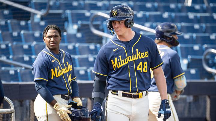 Milwaukee Brewers first base prospect Eric Bitonti prepares two bat during spring training workouts Tuesday, February 17, 2026, at American Family Fields of Phoenix in Phoenix, Arizona.