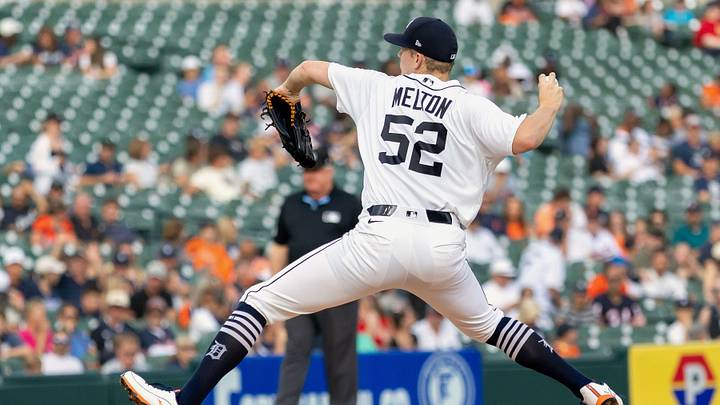 Jul 28, 2026; Detroit, Michigan, USA; Detroit Tigers pitcher Troy Melton (52) delivers against the Baltimore Orioles in the first inning at Comerica Park. Mandatory Credit: David Reginek-Imagn Images