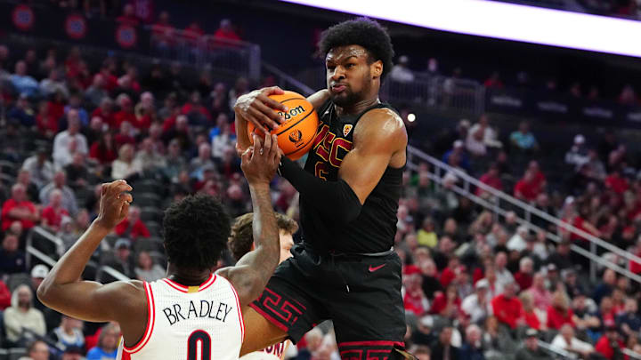 Mar 14, 2024; Las Vegas, NV, USA; Southern California Trojans guard Bronny James (6) pulls down a rebound.