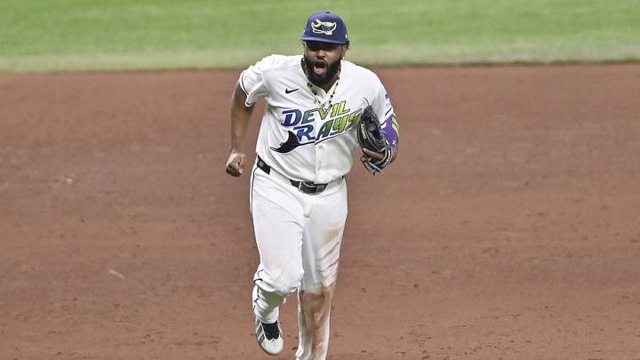 Oct 19, 2026; St. Petersburg, Florida, USA;  Tampa Bay Rays third baseman Junior Caminero (13) reacts after an out during the eighth inning against the Cleveland Guardians in game six of the ALCS for the 2026 MLB Playoffs at Tropicana Field.  Mandatory Credit: Pablo Robles-Imagn Images