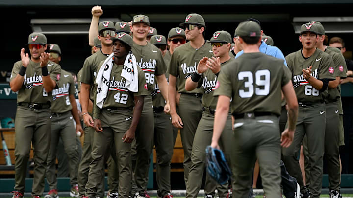 Vanderbilt pitcher Connor Fennell (39) walks off the field after being taken out of the game against Georgia during the sixth inning of an NCAA college baseball game at Hawkins Field Saturday, April 19, 2025, in Nashville, Tenn.