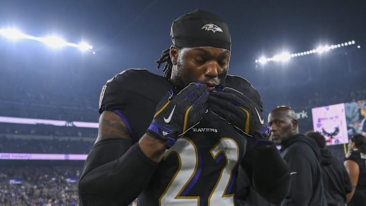 Sep 29, 2024; Baltimore, Maryland, USA;  Baltimore Ravens running back Derrick Henry (22) takes a moment before the start of the game against the Buffalo Bills at M&T Bank Stadium. Mandatory Credit: Tommy Gilligan-Imagn Images