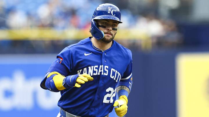Jun 25, 2026; St. Petersburg, Florida, USA; Kansas City Royals catcher Carter Jensen (22) runs them bases after hitting a two-run home run against the Tampa Bay Rays in the ninth inning  at Tropicana Field. Mandatory Credit: Nathan Ray Seebeck-Imagn Images