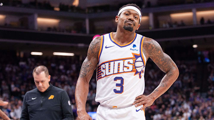 Apr 12, 2024; Sacramento, California, USA; Phoenix Suns guard Bradley Beal (3) reacts to a play against the Sacramento Kings.