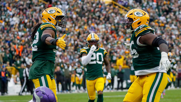 Green Bay Packers defensive tackle Devonte Wyatt (95) celebrates with defensive end Rashan Gary (52) after sacking Minnesota Vikings quarterback J.J. McCarthy (9) on Sunday, November 23, 2025, at Lambeau Field in Green Bay, Wis. The Packers won the game, 23-6.
Tork Mason/USA TODAY NETWORK-Wisconsin