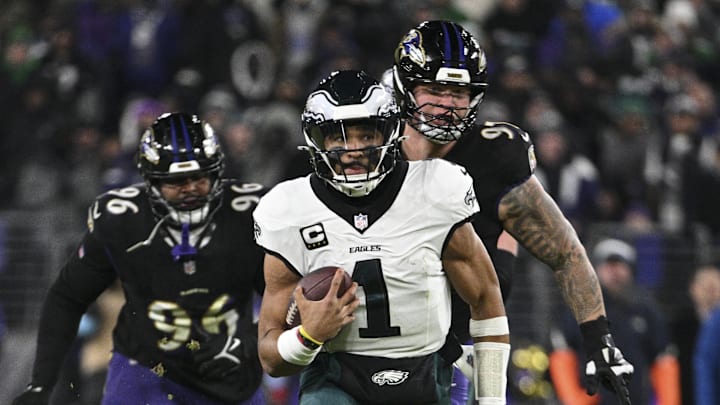 Dec 1, 2024; Baltimore, Maryland, USA; Philadelphia Eagles quarterback Jalen Hurts (1) rushes during the second half against the Baltimore Ravens at M&T Bank Stadium. Mandatory Credit: Tommy Gilligan-Imagn Images Dec 1, 2024; Baltimore, Maryland, USA; Philadelphia Eagles quarterback Jalen Hurts (1) rushes during the second half against the Baltimore Ravens at M&T Bank Stadium. Mandatory Credit: Tommy Gilligan-Imagn Images