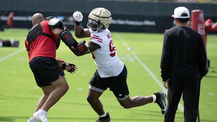 Jul 23, 2025; Santa Clara, CA, USA; San Francisco 49ers defensive end Mykel Williams (98) works on a blocking drill during the first day of training camp at SAP Performance Facility. Mandatory Credit: D. Ross Cameron-Imagn Images