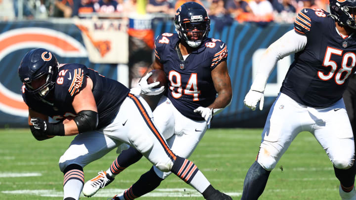Oct 1, 2023; Chicago, Illinois, USA; Chicago Bears tight end Marcedes Lewis (84) makes a catch against the Denver Broncos during the second half at Soldier Field. Mandatory Credit: Mike Dinovo-USA TODAY Sports Oct 1, 2023; Chicago, Illinois, USA; Chicago Bears tight end Marcedes Lewis (84) makes a catch against the Denver Broncos during the second half at Soldier Field. Mandatory Credit: Mike Dinovo-USA TODAY Sports