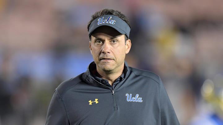 Nov 24, 2017; Pasadena, CA, USA; UCLA Bruins interim coach Jedd Fisch reacts during an NCAA football game against the California Golden Bears at Rose Bowl. Mandatory Credit: Kirby Lee-Imagn Images Nov 24, 2017; Pasadena, CA, USA; UCLA Bruins interim coach Jedd Fisch reacts during an NCAA football game against the California Golden Bears at Rose Bowl. Mandatory Credit: Kirby Lee-Imagn Images