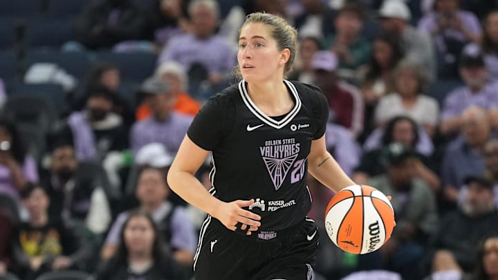 May 16, 2025; San Francisco, California, USA; Golden State Valkyries guard Kate Martin (20) dribbles against the Los Angeles Sparks during the third quarter at Chase Center. Mandatory Credit: Darren Yamashita-Imagn Images May 16, 2025; San Francisco, California, USA; Golden State Valkyries guard Kate Martin (20) dribbles against the Los Angeles Sparks during the third quarter at Chase Center. Mandatory Credit: Darren Yamashita-Imagn Images