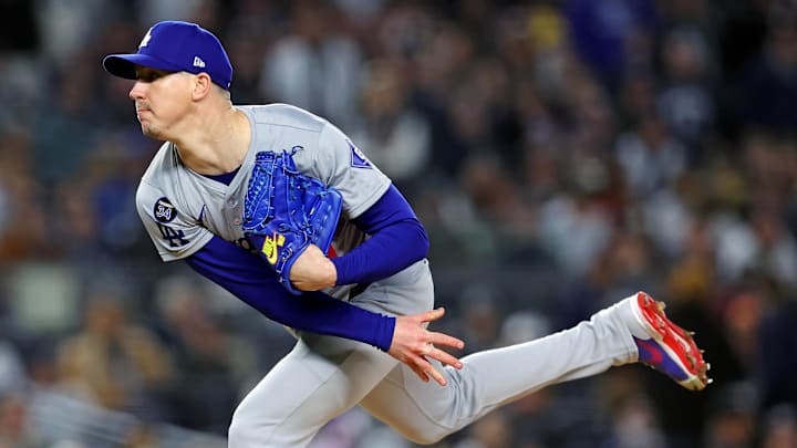 Oct 28, 2024; New York, New York, USA; Los Angeles Dodgers pitcher Walker Buehler (21) pitches during the first inning against the New York Yankees in game three of the 2024 MLB World Series at Yankee Stadium. Mandatory Credit: Brad Penner-Imagn Images