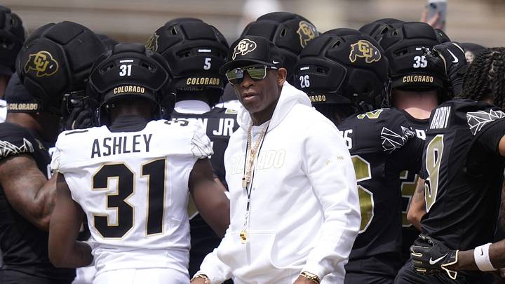 Apr 11, 2026; Boulder, CO, USA; Colorado Buffaloes head coach Deion Sanders before the start of the spring game at Folsom Field. Mandatory Credit: Ron Chenoy-Imagn Images