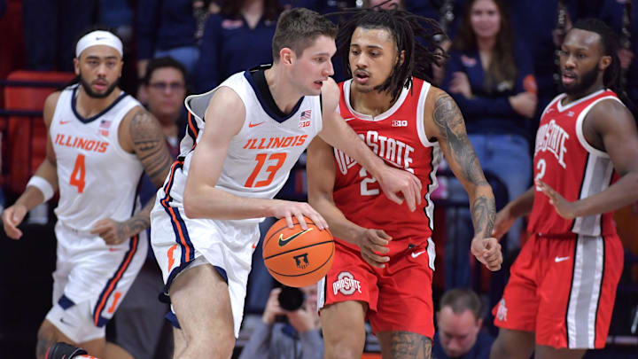 Feb 2, 2025; Champaign, Illinois, USA; Illinois Fighting Illini center Tomislav Ivisic (13) drives the ball against Ohio State Buckeyes forward Devin Royal (21) during the second half at State Farm Center. Mandatory Credit: Ron Johnson-Imagn Images Feb 2, 2025; Champaign, Illinois, USA; Illinois Fighting Illini center Tomislav Ivisic (13) drives the ball against Ohio State Buckeyes forward Devin Royal (21) during the second half at State Farm Center. Mandatory Credit: Ron Johnson-Imagn Images