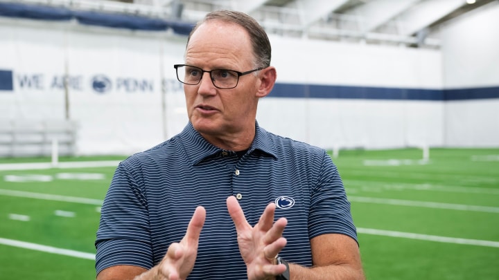 First-year Penn State football defensive coordinator Tom Allen speaks with the media at Holuba Hall. 