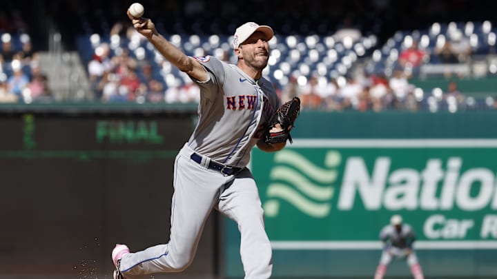May 14, 2023; Washington, District of Columbia, USA; New York Mets starting pitcher Max Scherzer (21) pitches against the Washington Nationals during the first inning at Nationals Park. 