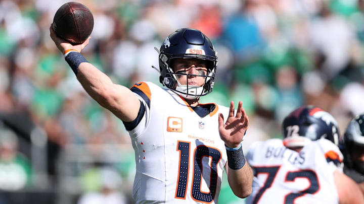 Oct 5, 2025; Philadelphia, Pennsylvania, USA; Denver Broncos quarterback Bo Nix (10) throws against the Philadelphia Eagles in the second half at Lincoln Financial Field. Oct 5, 2025; Philadelphia, Pennsylvania, USA; Denver Broncos quarterback Bo Nix (10) throws against the Philadelphia Eagles in the second half at Lincoln Financial Field.