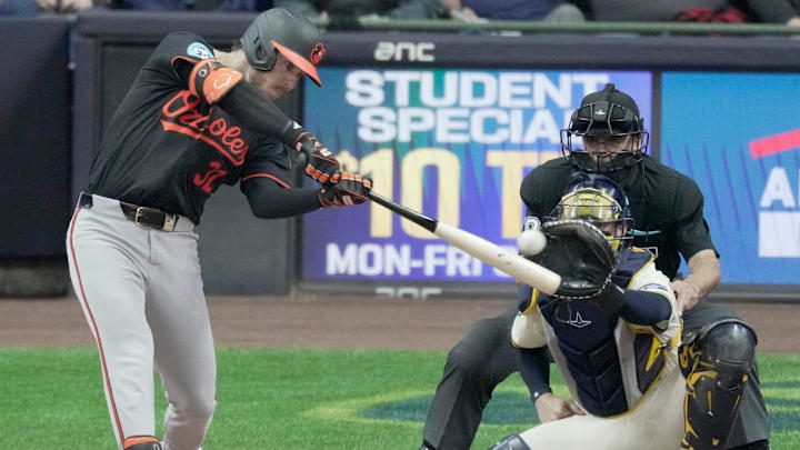 Baltimore Orioles outfielder Ryan O'Hearn (32) hits a double during the eighth inning of their game against the Milwaukee Brewers Wednesday, May 21, 2025 at American Family Field in Milwaukee, Wisconsin. Baltimore Orioles outfielder Ryan O'Hearn (32) hits a double during the eighth inning of their game against the Milwaukee Brewers Wednesday, May 21, 2025 at American Family Field in Milwaukee, Wisconsin.