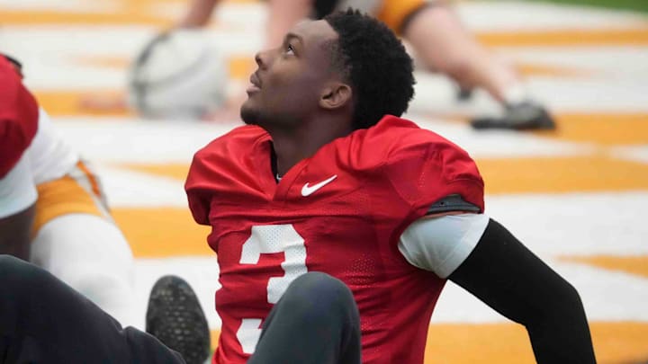 Tennessee wide receiver Squirrel White (3) warms up during a Tennessee football practice, Tuesday, Dec. 17, 2024.
