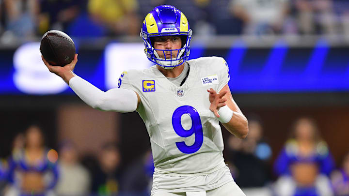 Oct 24, 2024; Inglewood, California, USA; Los Angeles Rams quarterback Matthew Stafford (9) throws against the Minnesota Vikings during the first half at SoFi Stadium. Mandatory Credit: Gary A. Vasquez-Imagn Images