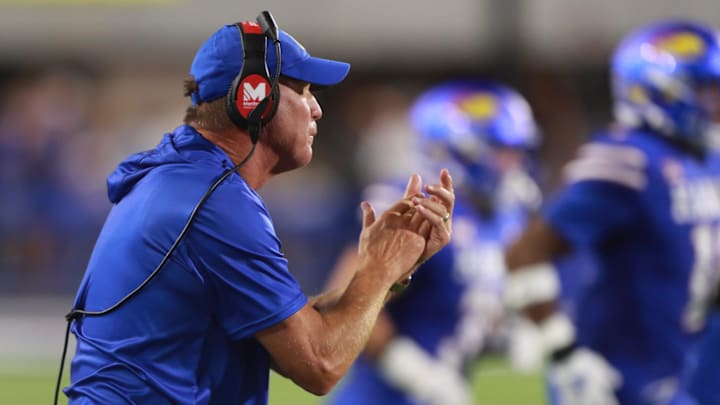 Kansas Jayhawks head coach Lance Leipold reacts to a play during the game between Fresno State and Kansas at David Booth Kansas Memorial Stadium on Aug. 23, 2025. Kansas Jayhawks head coach Lance Leipold reacts to a play during the game between Fresno State and Kansas at David Booth Kansas Memorial Stadium on Aug. 23, 2025.