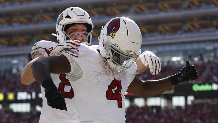 Sep 27, 2026; Santa Clara, California, USA; Arizona Cardinals running back Jeremiyah Love (4) reacts after rushing for a touchdown San Francisco 49ers in the second half at Levi's Stadium. Mandatory Credit: Sergio Estrada-Imagn Images Sep 27, 2026; Santa Clara, California, USA; Arizona Cardinals running back Jeremiyah Love (4) reacts after rushing for a touchdown San Francisco 49ers in the second half at Levi's Stadium. Mandatory Credit: Sergio Estrada-Imagn Images