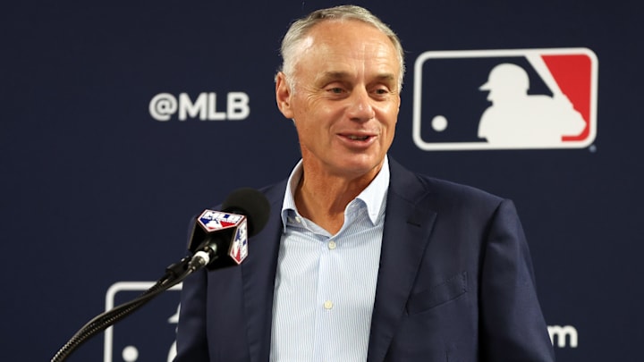 Feb 15, 2024; Tampa, FL, USA; MLB commissioner Rob Manfred talks with media at George M.