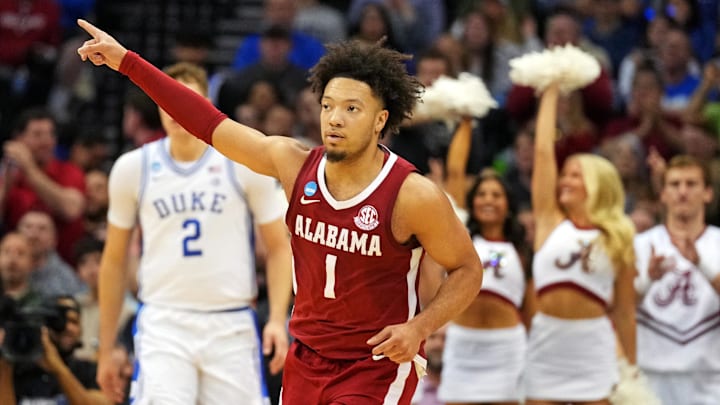 Mar 29, 2025; Newark, NJ, USA; Alabama Crimson Tide guard Mark Sears (1) celebrates after a play during the second half against the Duke Blue Devils in the East Regional final of the 2025 NCAA tournament at Prudential Center. Mandatory Credit: Robert Deutsch-Imagn Images