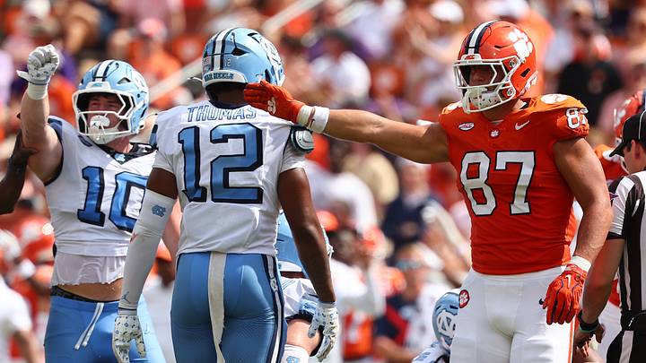 Sep 19, 2026; Clemson, South Carolina, USA;  Clemson Tigers tight end Christian Bentancur (87) celebrates after the Tigers achieve a first down against University of North Carolina Tar Heels during the third quarter at Memorial Stadium.  Mandatory Credit: Ashley Tumlin-Imagn Images