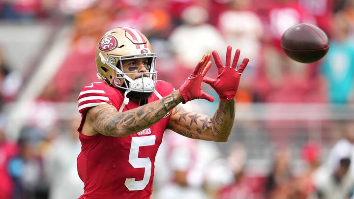 Sep 20, 2026; Santa Clara, California, USA;  San Francisco 49ers wide receiver Mike Evans (5) warms up prior to the game against the Miami Dolphins at Levi's Stadium.  Mandatory Credit: Cary Edmondson-Imagn Images