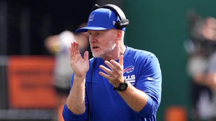 Sep 14, 2025; East Rutherford, New Jersey, USA; Buffalo Bills head coach Sean McDermott during the second half at MetLife Stadium. Mandatory Credit: Robert Deutsch-Imagn Images