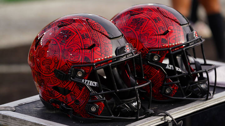 A general view of San Diego State Aztecs helmets.